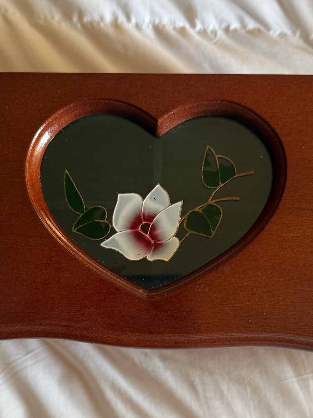 Vintage 90s Cherrywood Stained Glass Floral Heart Jewelry Box Velvet Lined
